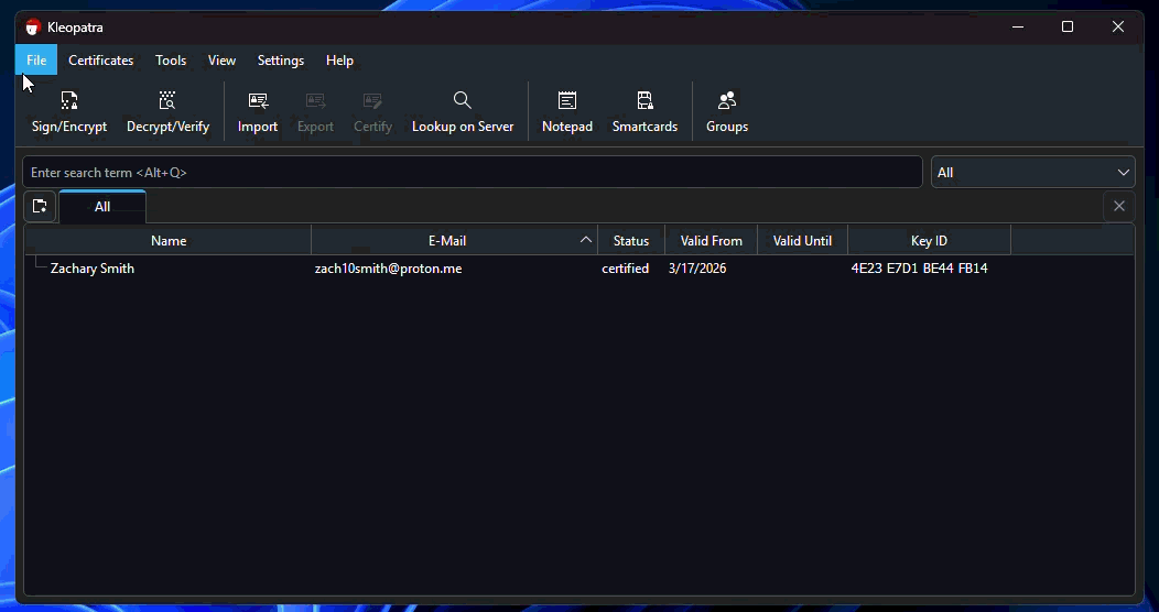 Go to File, then Lookup On Server, then search the email provided. Select the Keyserver key.